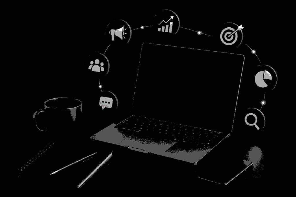 Digital marketer workspace with laptop and marketing icons