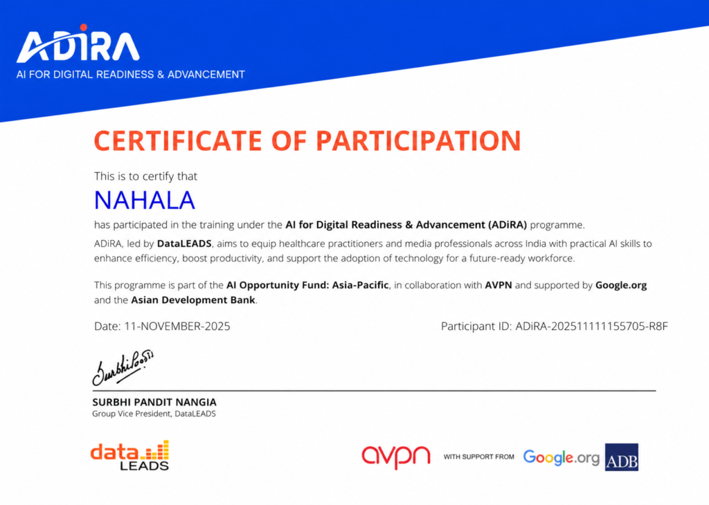 DiRA AI for Digital Readiness and Advancement participation certificate.