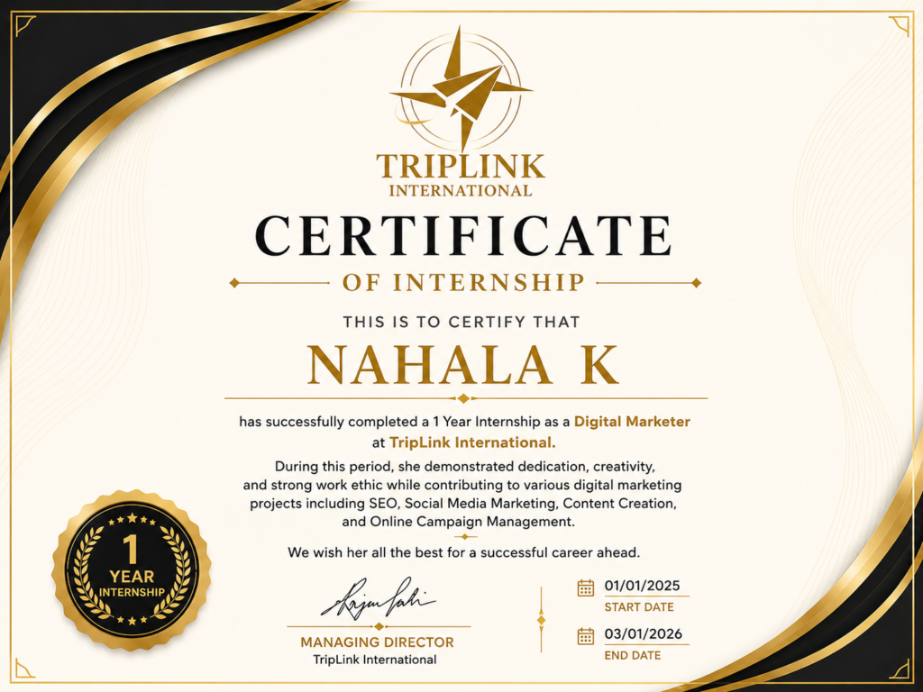 TripLink International Digital Marketing internship certificate.