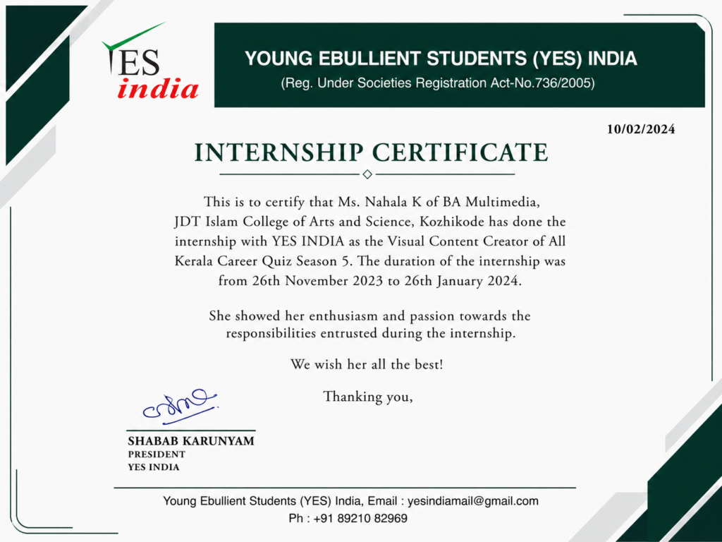 YES India Visual Content Creator internship certificate.