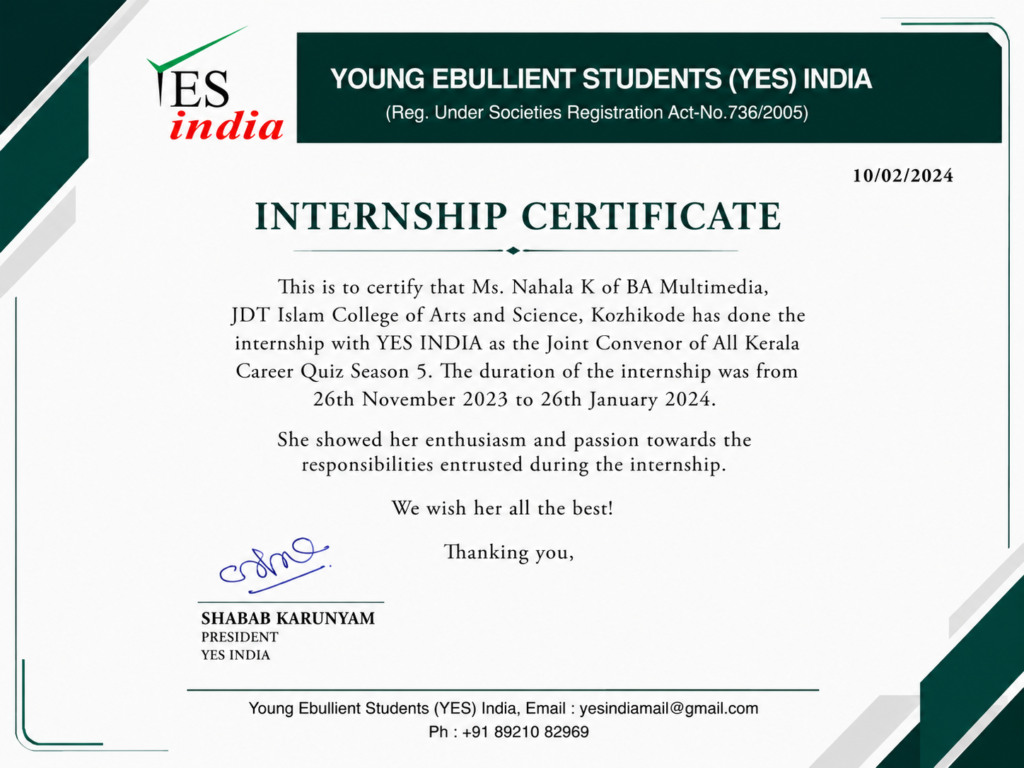 YES India media joint convenor internship certificate.
