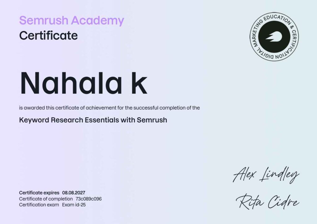 **Short alt text:** `Semrush Academy Keyword Research Essentials certificate for Nahala K`